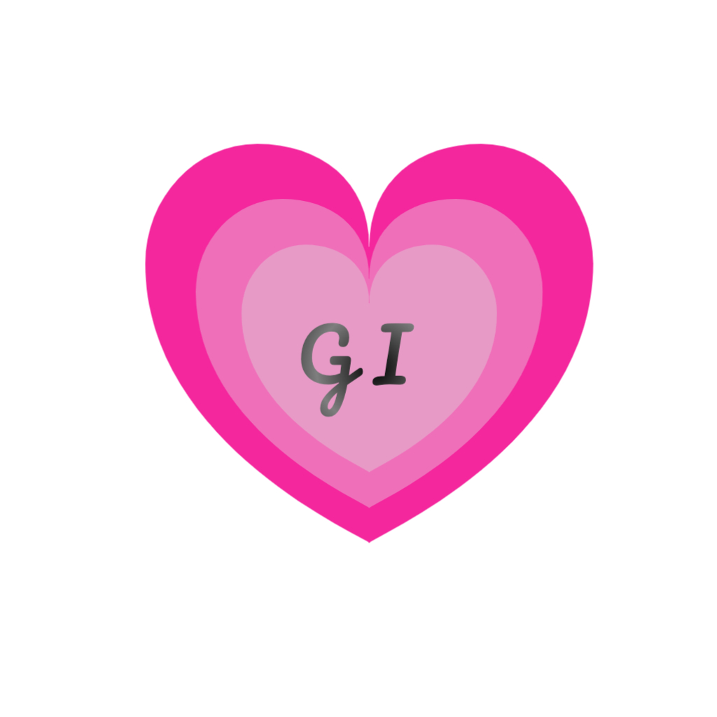 Three pink hearts stacked on top of each other with the initials G I in the middle
